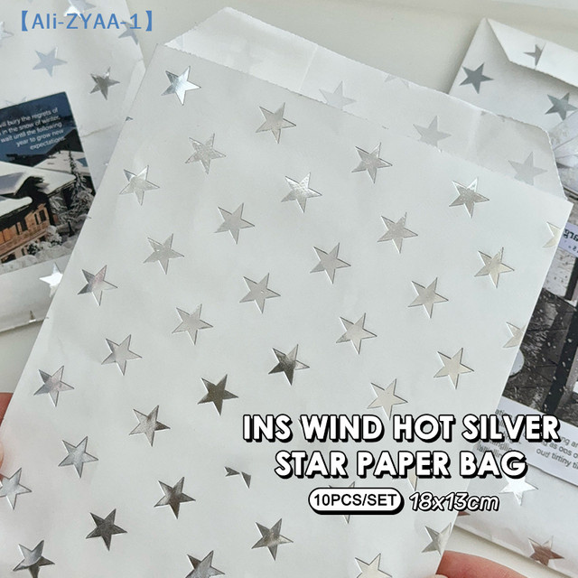 10 Stück silberne Geschenktüten aus Kraftpapier mit Sternenmotiv und Heißprägung von ZYAA-1 - Bild 1