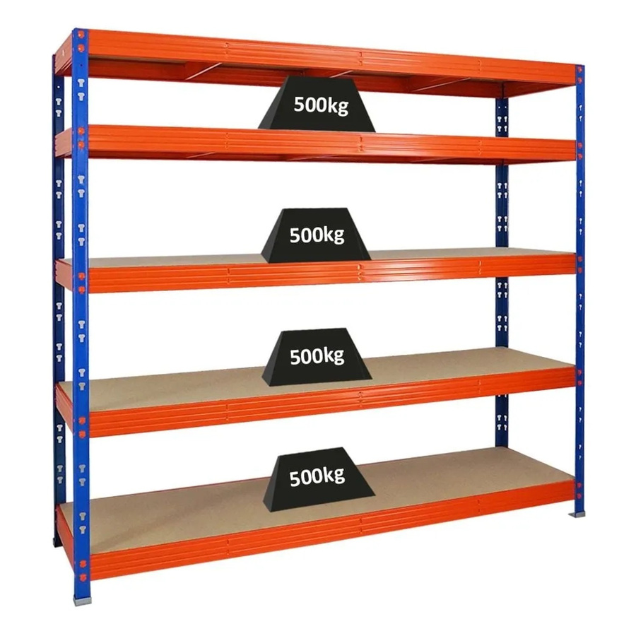 PROREGAL Profi Schwerlastregal Rhino mit 5 verstellbaren Spanplatten-Ebenen, Blau/Orange, H 180 x B 200 x T 60 cm - Bild 2