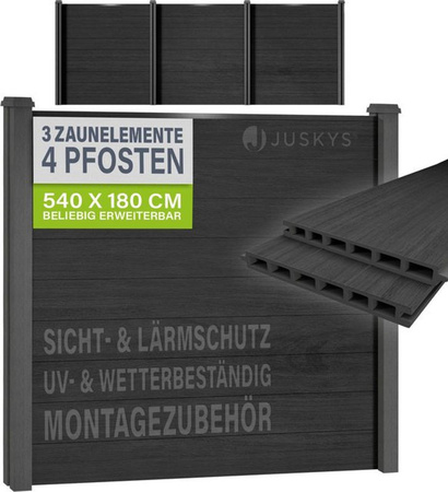 JUSKYS WPC Sichtschutzzaun 3er Set aus Holzwerkstoff und Stahl in Anthrazit/Grau