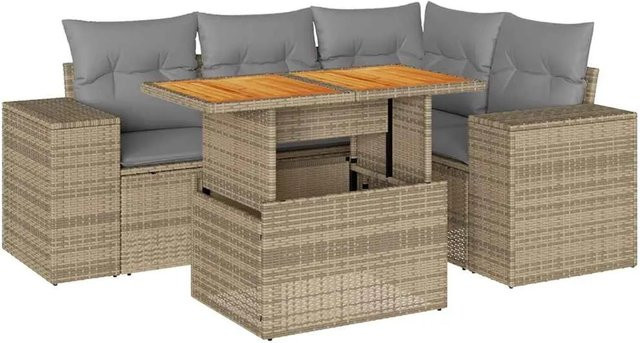 vidaXL 5-teilige Garten-Sofagarnitur in L-Form aus Polyrattan und Akazienholz mit Kissen in Beige und Grau - Bild 1