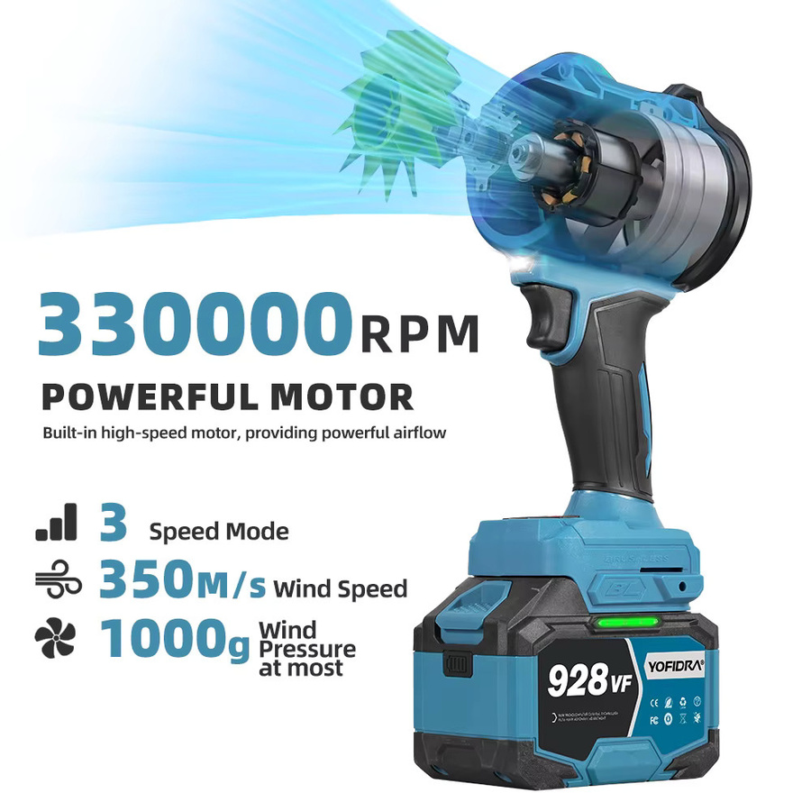 YOFIDRA Bürstenloser Elektrischer Turbo-Laubbläser 3000W Handgeführter Staubbläser für Makita LXT 18V Akku, Blau - Bild 2