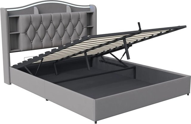 PXloue Doppelbett mit Stauraum und LED-Beleuchtung sowie USB-Ladestation in Grau, B/T/H: 160 x 200 x 110 cm - Bild 1