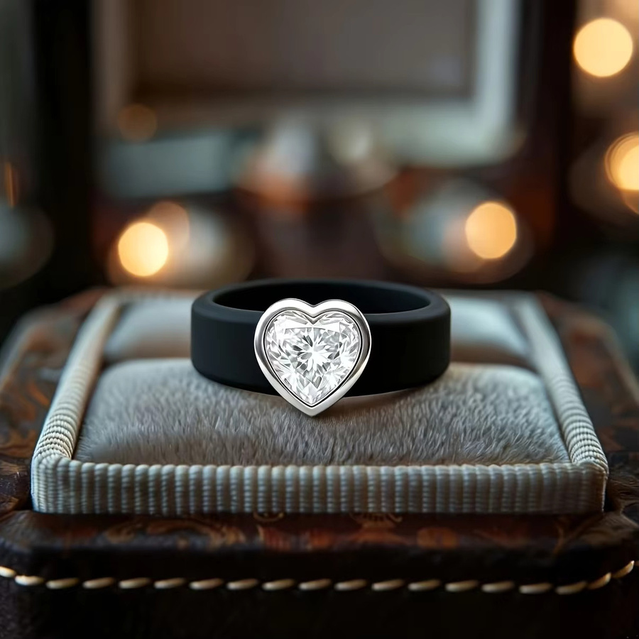 WZERO Ring, 14K vergoldet, schwarzes Silikon, CZ, Herzform, Unisex - Bild 5
