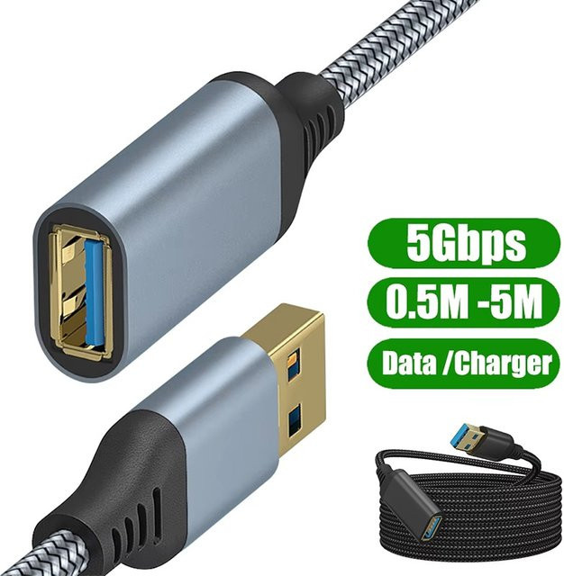 KAFNHCKA USB 3.0 Verlängerungskabel Stecker-zu-Buchse in Grau mit geflochtenem Datenkabel für Computer, Kamera, Drucker und TV - Bild 1