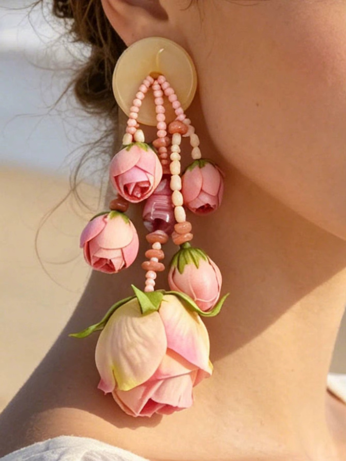 Ohrringe mit rosa Rosenblütenquasten, rosa Perlen, Harzanhänger - Bild 2