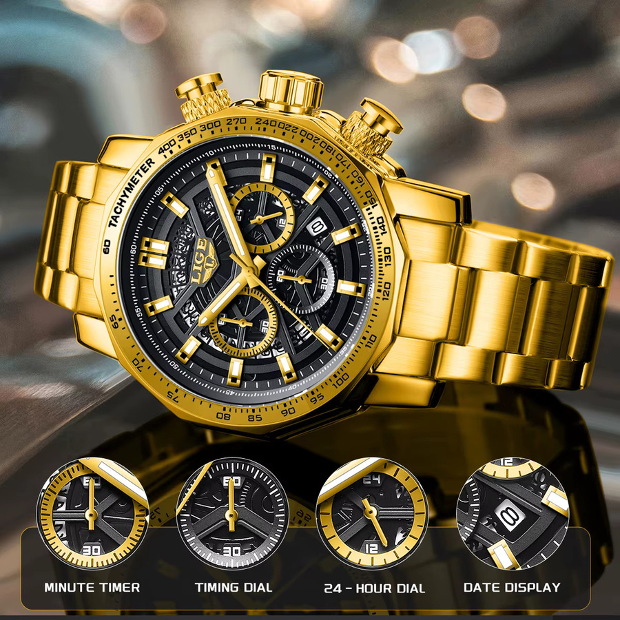 LIGE Armbanduhr Quarz, Edelstahl, Schwarz, Herren, Datum - Bild 4