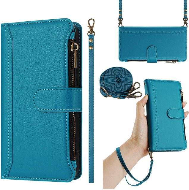 Leder-Brieftasche Klapphülle für Google Pixel 9 mit Kartenfächern, Reißverschlusstasche, Crossbody-Riemen und Handgelenkschlaufe in Gold und Türkis - Bild 1