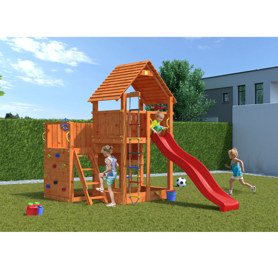 Fungoo Spielturm Big Leader Klettergerüst aus Teak mit Rutsche, Leiter, Kletterwand, Holzdach, Kletterseil und Sandkasten - Bild 3