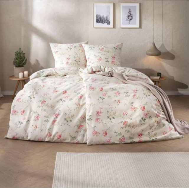 Estella Bettwäsche Corvara aus Baumwolle in Flanell mit floralem Country House Design in Weiß - Bild 1