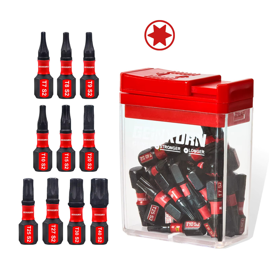 Geinxurn 30-teiliges Schlag-Torx-Schraubendreher-Bit-Set aus S2-Stahl mit Aufbewahrungsbox in Rot (T7-T40) - Bild 5