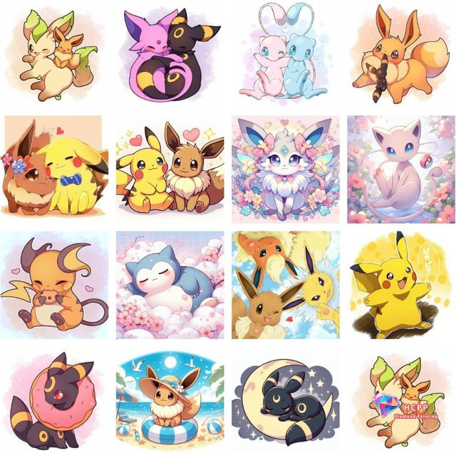Potdemiel Eevee Pokemon 5D DIY Diamantmalerei Set als Mosaik-Stickerei für die Wanddekoration, Rund, Mehrfarbig, B/H: 20 x 20 cm - Bild 1