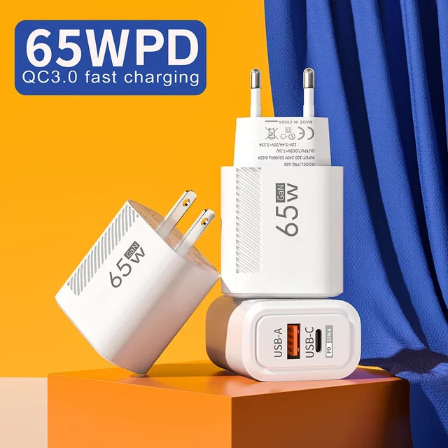 GaN 65 W Dual Ports Schnellladegerät 2 in 1 mit USB Typ C und QC3.0 Wandladegerät für EU/US-Stecker - Bild 1