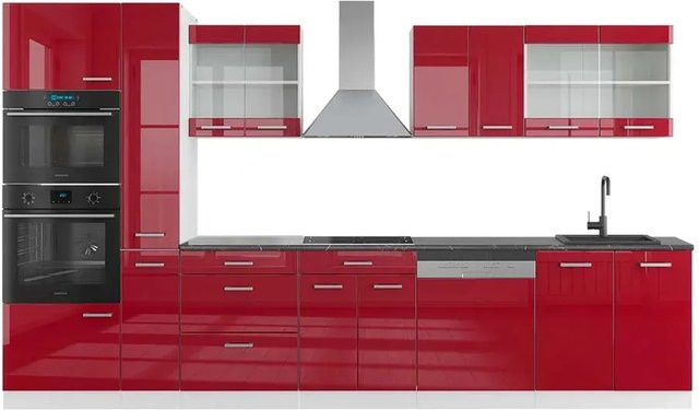 Vicco R-Line Küchenzeile Bordeaux Hochglanz Weiß mit Hochschrank Anthrazit Breite: 350 cm - Bild 1