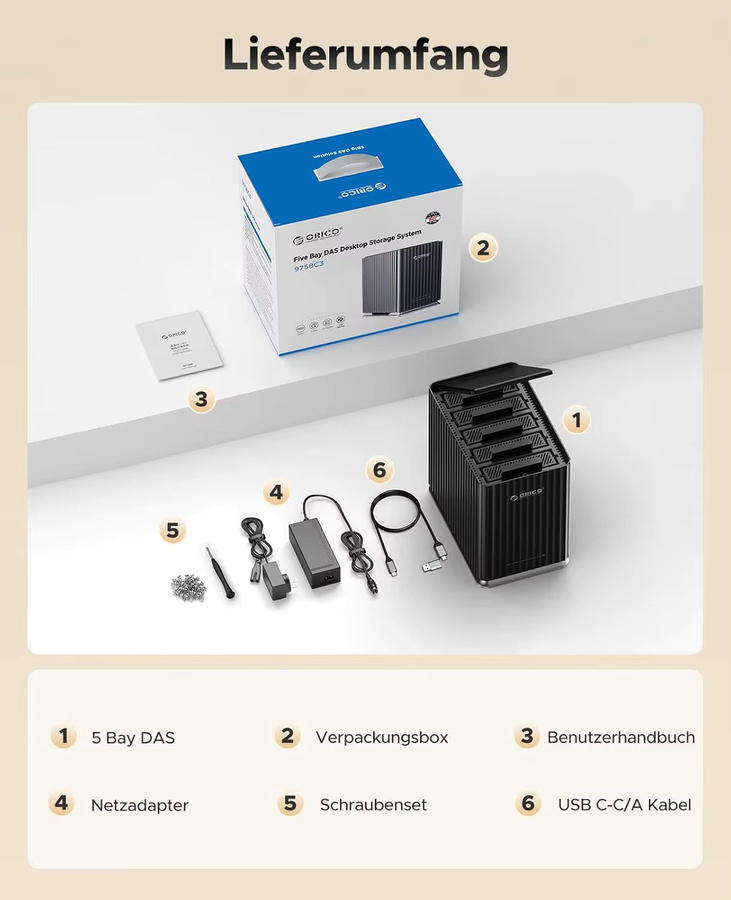 ORICO 5-Bay-Festplattengehäuse mit USB 3.1 Typ-C, werkzeugloses externes DAS-Gehäuse in Schwarz, Modell 9758C3 - Bild 4