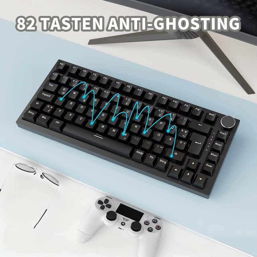 AJAZZ AK820 Mechanische Tastatur in Schwarz mit 82 Tasten, QWERTZ-Layout und Hot-Swap-Lautstärke-Drehknopf - Bild 2
