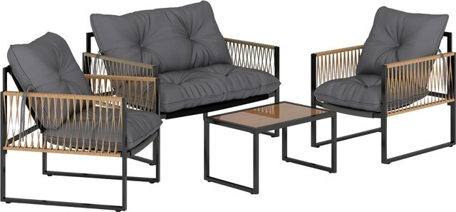 Outsunny 4-teiliges Rattan Gartenmöbel Set in Grau mit Kissen, bestehend aus 1 Doppelsofa, 2 Sesseln und 1 Couchtisch mit Glasplatte - Bild 1