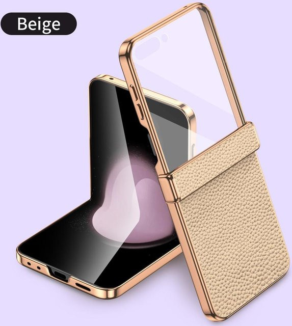 Rindsleder Handyhülle für Samsung Galaxy Z Flip 7 FE 5G, Galaxy Z Flip 7, Flip 6 und Flip 5 mit Scharnier-Schutz und gehärtetem Glas in Beige - Bild 1