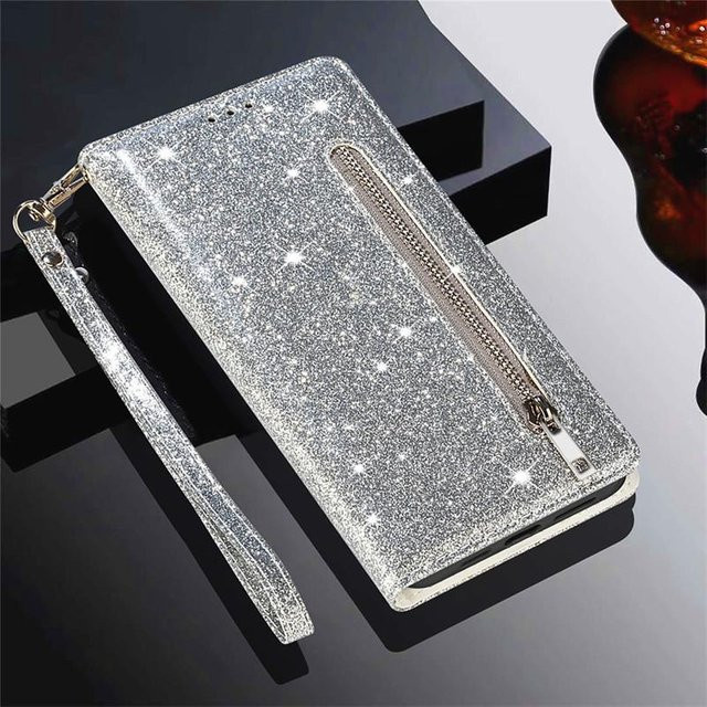 Glitzer Lederhülle mit Reißverschluss als Flip-Brieftasche für Samsung Galaxy S26 S25 S24 S23 S22 S21 S20 S10 Plus Note 20 5G in Silber/Multicolor - Bild 1