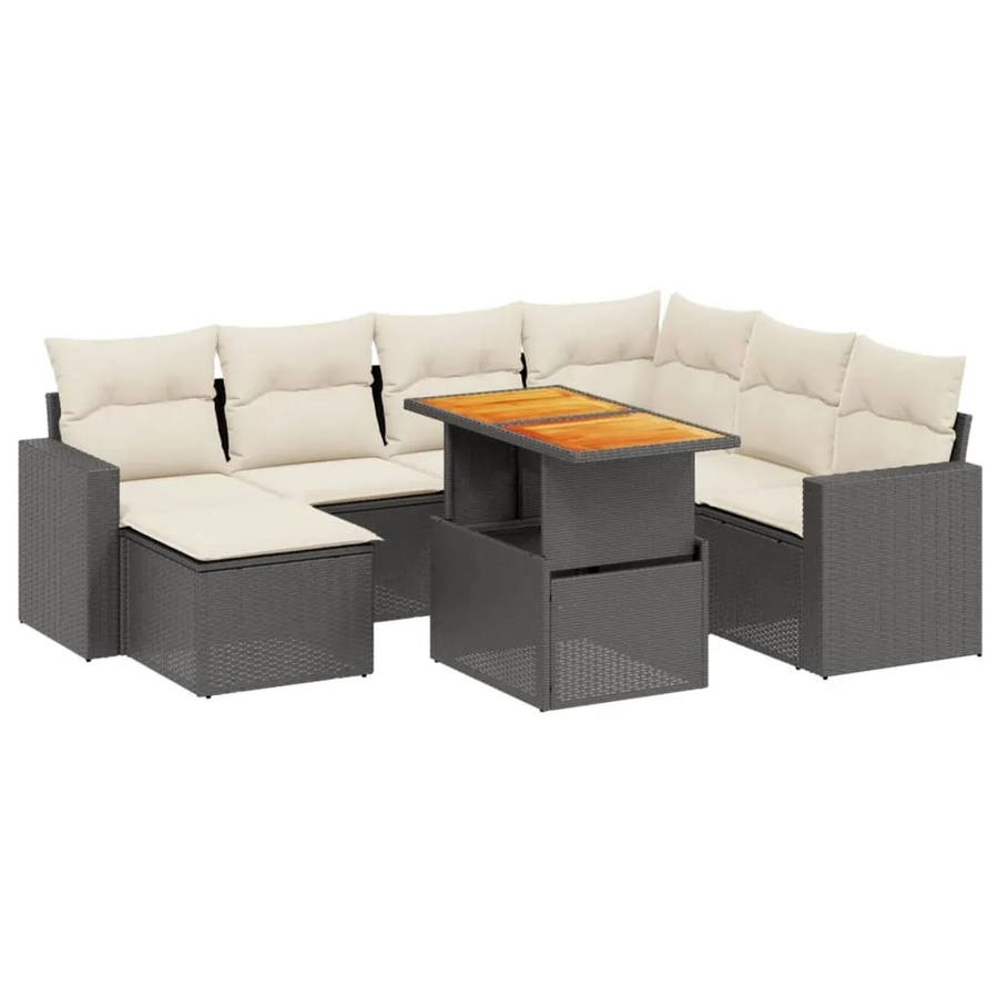 vidaXL 8-teilige Garten-Sofagarnitur aus Poly-Rattan und Akazienholz in Schwarz-Creme mit Kissen - Bild 2
