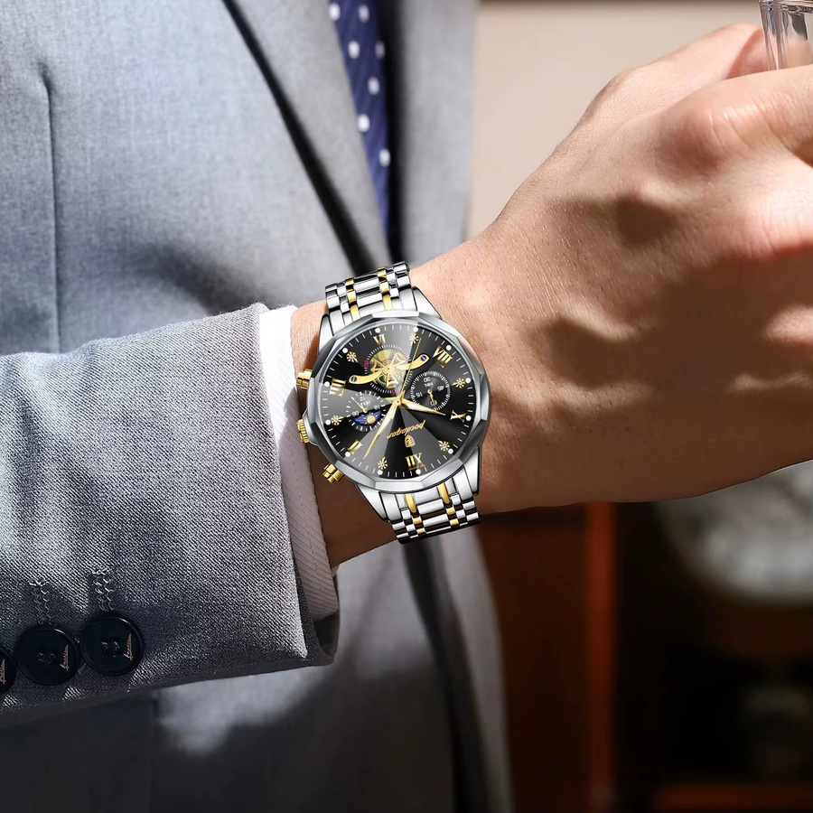 POEDAGAR Armbanduhr Chronograph, Quarz, Edelstahl, Blau, Herren - Bild 6