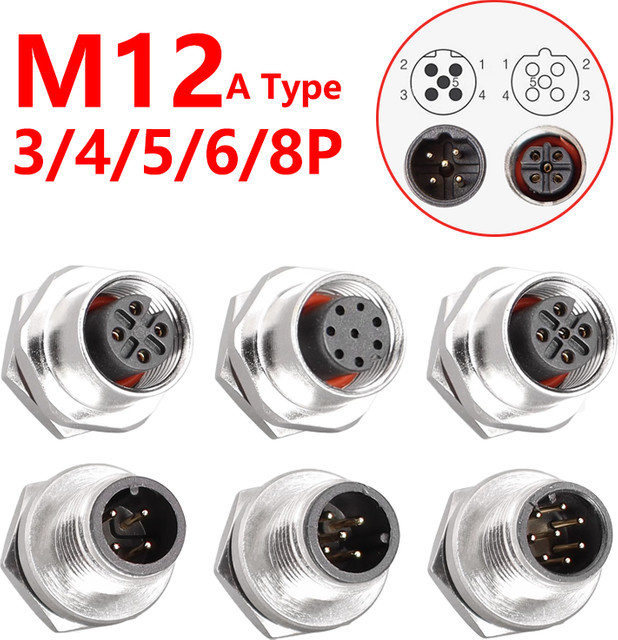 M12 Flanschmontierter Wasserdichter Sensorsteckverbinder mit Schraubgewinde Typ A in Silber, Stecker und Buchse erhältlich in 4, 5, 6, 8 oder 12-polig - Bild 1
