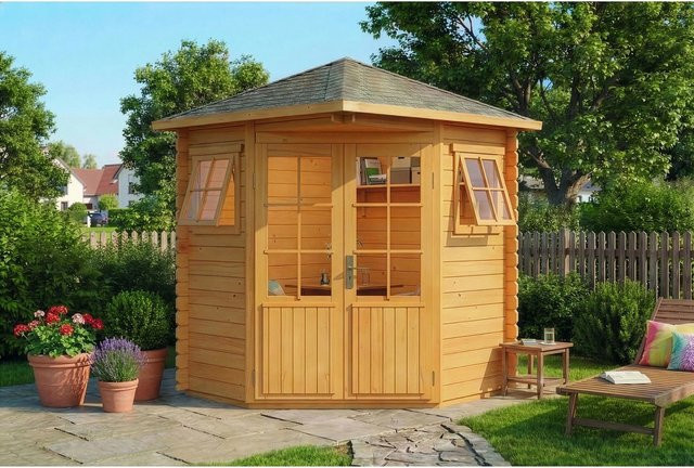 Alpholz 5-Eck Gartenhaus Sunny-A Natur in Braun mit Spitzdach und Blockbohlenbauweise, B/T: 200 x 200 cm - Bild 1