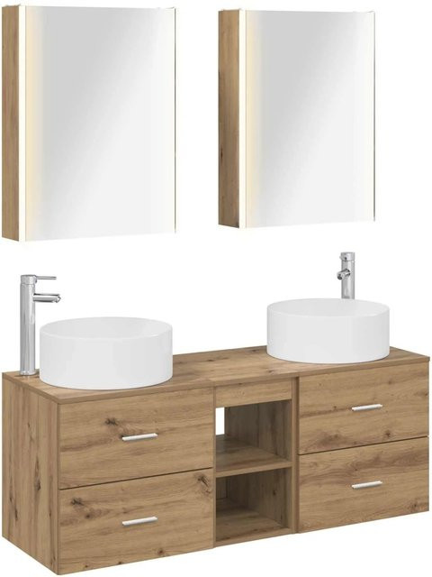 vidaXL Badezimmermöbel-Set 5-teilig in Artisan-Eiche und Glas, modern mit Waschtischunterschrank und Spiegelschrank inklusive LED-Beleuchtung, Braun - Bild 1