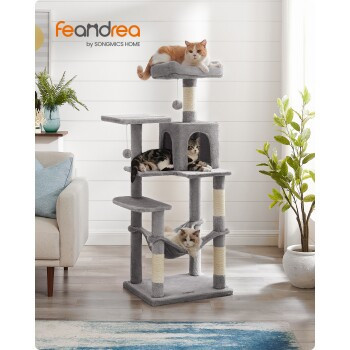 FEANDREA Kratzbaum für Katzen mit Hängematte, Höhle und integriertem Spielzeug, Höhe: 143 cm, Grau/Beige - Bild 2
