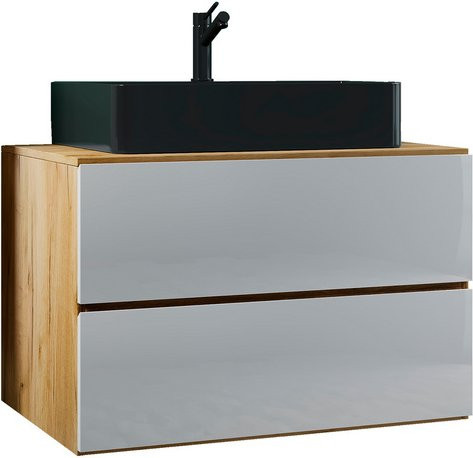 VCM Waschplatz-Set Lendas 2-tlg. mit schwarzem Keramik-Waschbecken und braunem Unterschrank mit zwei Schubladen, Breite: 80 cm - Bild 1