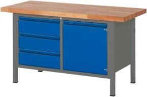 STIER Premium Werkbank höhenverstellbar mit 3 Schubladen und 1 Flügeltür, Farbe: Anthrazit/Blau, B: 150 cm, T: 70 cm, H: 84-104 cm - Bild 1