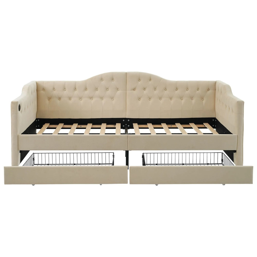 okwish Polsterbett mit Schubladen und USB-Ladeanschluss in Beige, B/T/H: 90 x 200 x 105 cm (ohne Matratze) - Bild 2