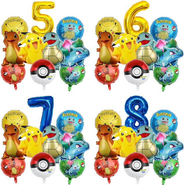 Potdemiel Pokemon Luftballon Set mit Pikachu und Zahlenfolienballons in Gold und Blau für Kinder Geburtstagsparty-Dekoration, Durchmesser: 81,28 cm - Bild 1