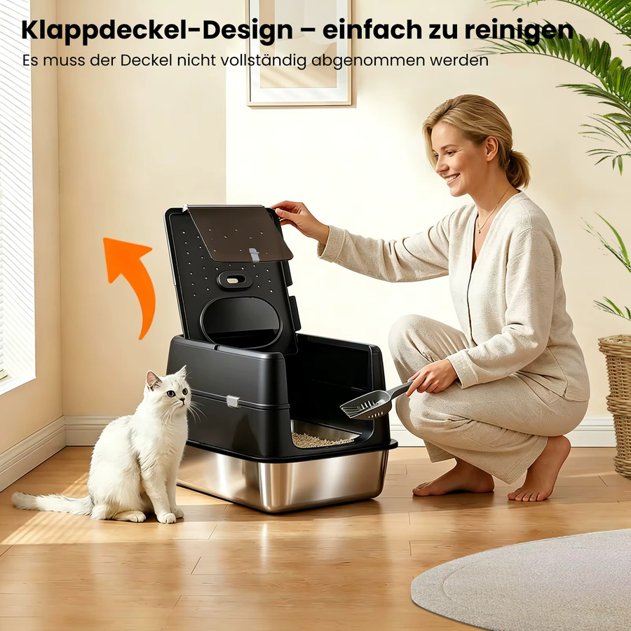 XXL Edelstahl Katzentoilette mit Deckel und Streu-Treppe in Silber oder Schwarz, B/T/H: 60 x 43 x 40 cm - Bild 4