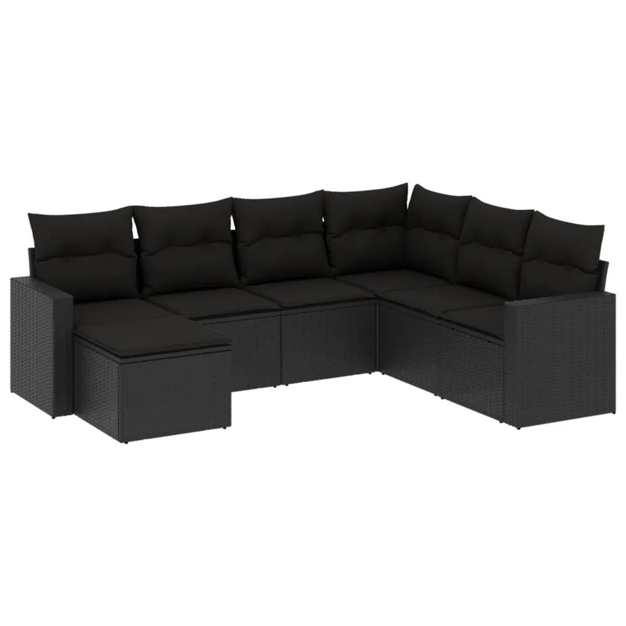 vidaXL 7-tlg. Garten-Sofagarnitur in L-Form aus schwarzem Poly-Rattan mit Kissen und pulverbeschichtetem Stahlgestell - Bild 2