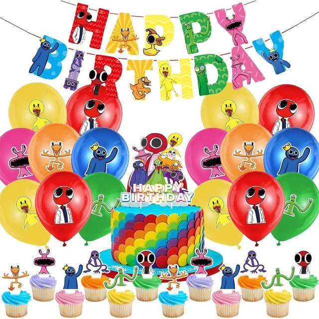 Skyfree Regenbogenfreund Geburtstagsdekoration Set für Kinder in Blau und Mehrfarbig mit Banner, Kuchenaufsatz und Luftballons aus Papier und Latex - Bild 1