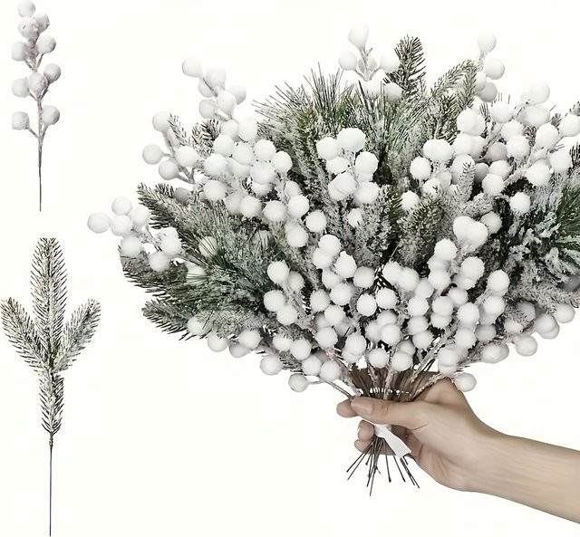 DUTRIEUX 12er Set künstliche Beeren und Zedernzweige in Weiß und Rot mit Frost-Effekt für Weihnachtsdekorationen und DIY-Kränze - Bild 1
