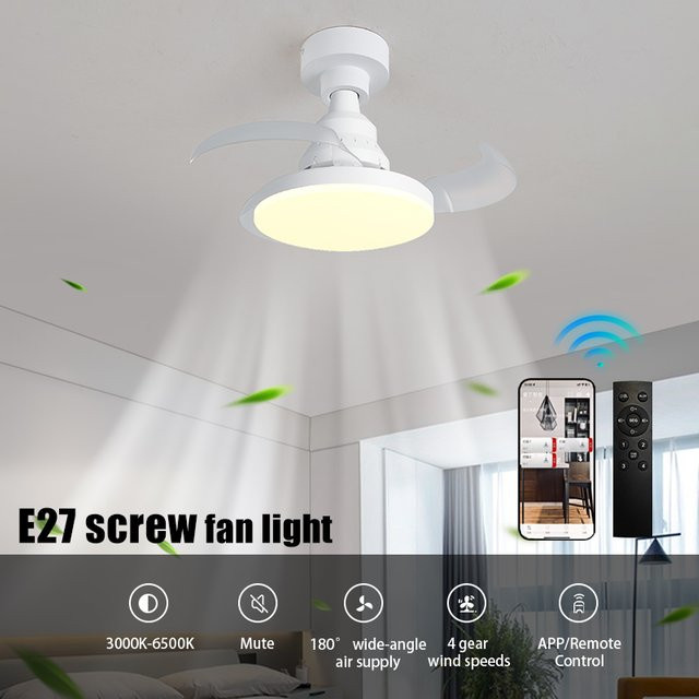 LINYILIGHT LED-Deckenventilator mit einziehbaren Flügeln in Weiß, dimmbar mit Fernbedienung und App-Steuerung, E27-Fassung, ideal für Schlafzimmer und Küche - Bild 1