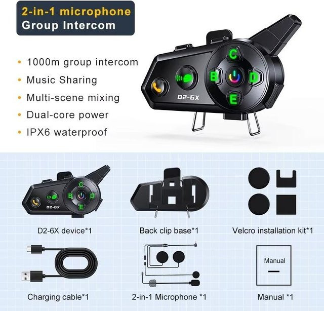 YJMP Auto Parts D2-6X Bluetooth Helm-Intercom Motorrad Headset für 6 Fahrer, wasserdicht, Schwarz - Bild 1