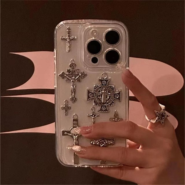 Retro Gotische 3D Metall Kreuz Handyhülle für Apple iPhone 16 15 14 13 12 11 Pro Max Plus mit Engel-Design in Braun und Transparent - Bild 1