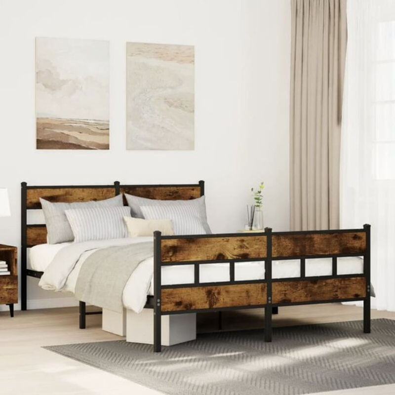 Metallbett Vidaxl in Räuchereiche Braun im Industrial Design, B/T/H: 150 x 200 x 91,5 cm - Bild 1