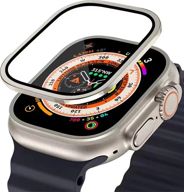 Displayschutzfolie aus gehärtetem Glas mit Titan-Metallrahmen für Apple Watch Ultra und Ultra 2 49 mm, kratzfest, Farben: transparent, blau, silber - Bild 1