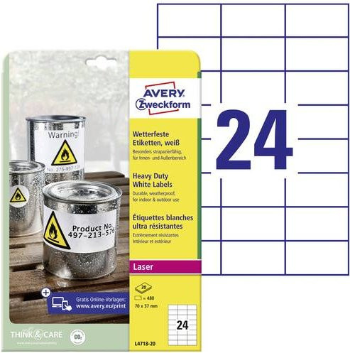Avery Zweckform Folien-Etiketten L4718-20 Weiß, Permanent haftend, B/H: 70 x 37 mm - Bild 1