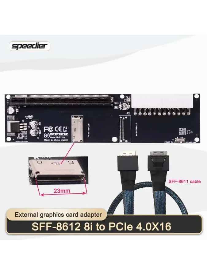 SPEEDIER OCuLink 8x SFF-8611 zu PCI Express 4.0 x16 eGPU Adapter mit ATX 24 Pin Anschluss, Schwarz - Bild 5
