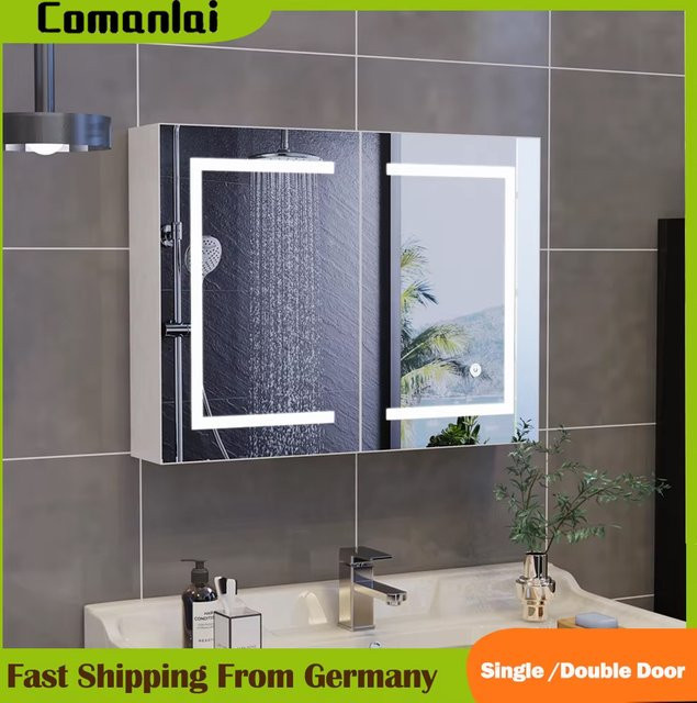 Comanlai Badezimmerspiegelschrank in Weiß mit LED-Beleuchtung, Glastüren und verstellbaren Regalen - Bild 1