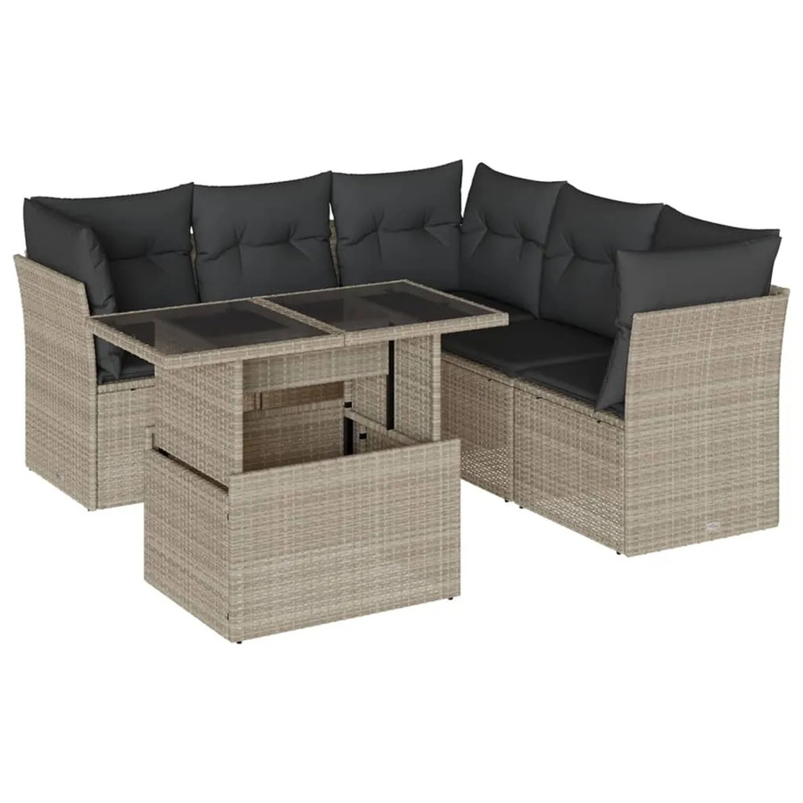 vidaXL 6-teilige Garten-Sofagarnitur aus Polyrattan in Hellgrau mit Tisch und Kissen in L-Form - Bild 2