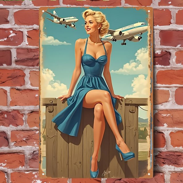 Vintage Metallschild CIFBUY mit Flugzeug und Pin-up Girl als Retro Wandkunst, Mehrfarbig, B: 30 cm, H: 20 cm - Bild 1