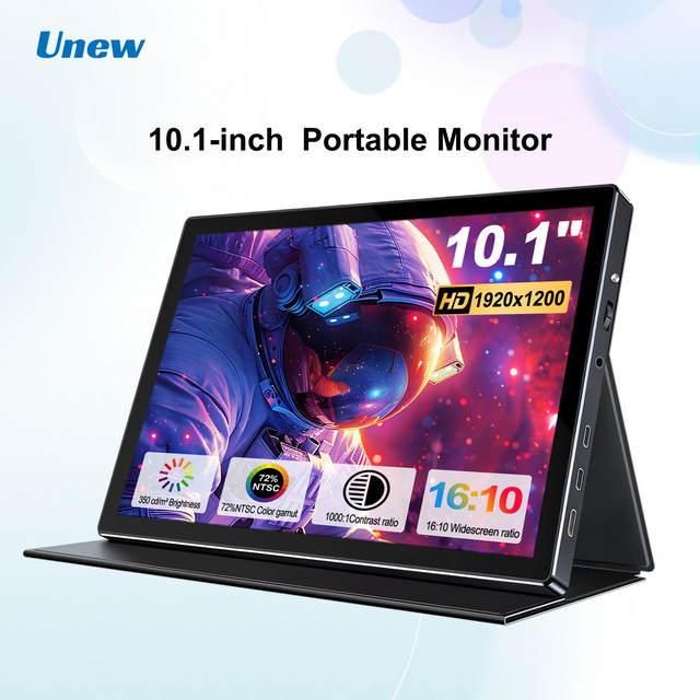 Unew Tragbarer Monitor 10,1 Zoll mit 1920x1200 Full HD Auflösung, USB-C und HDMI, Schwarz inklusive Lederhülle und VESA 75x75mm Halterung - Bild 1