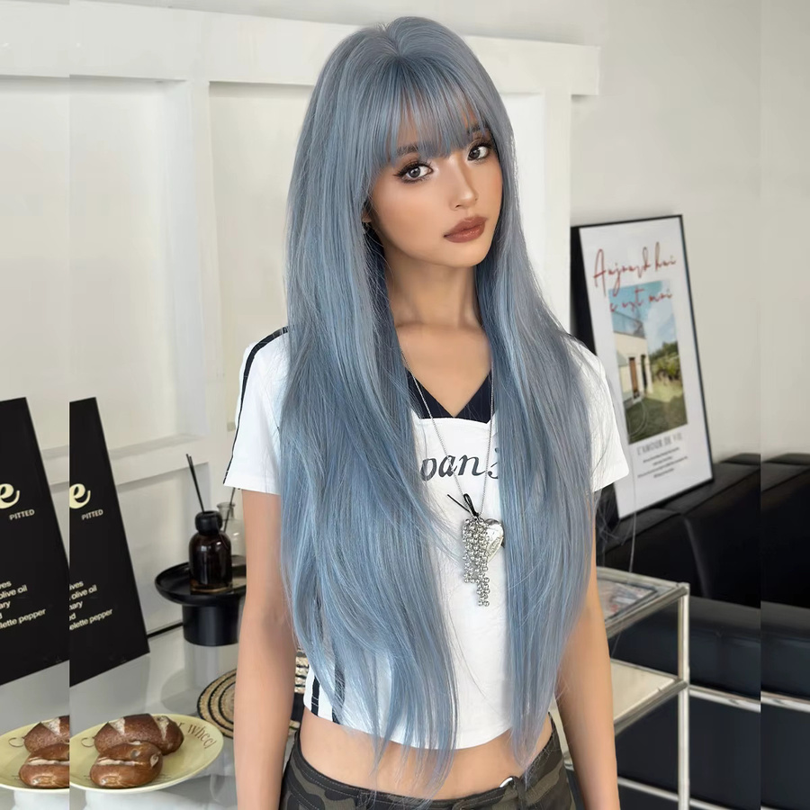 NAMM Perücke für Damen, mittellang, blau, gerade mit Pony, dunkler Ansatz - Bild 2