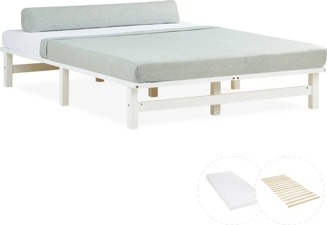 Homestyle4u Palettenbett aus Kiefernholz mit Matratze in Weiß, skandinavisch modernes Jugendbett, B/T/H: 140 x 200 x 28 cm - Bild 1