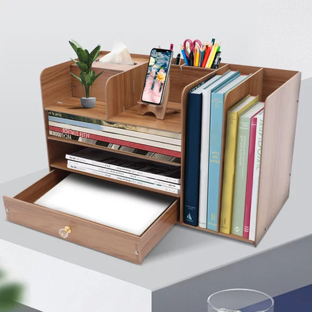 NEUESTER 4-lagiger Schreibtisch-Organizer für A4, Papierablage aus Holz in Braun, B/T/H: 48 x 23 x 28 cm